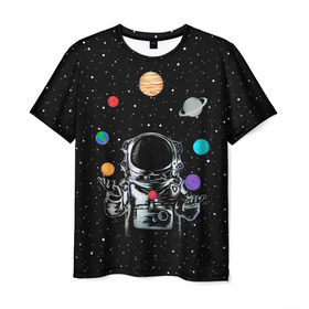 Мужская футболка 3D с принтом Космический жонглер в Курске, 100% полиэфир | прямой крой, круглый вырез горловины, длина до линии бедер | astronaut | cosmonaut | cosmos | galaxy | planet | space | star | universe | астронавт | вселенная | галактика | звезды | земля | космонавт | космос | луна | марс | планета | сатурн | уран