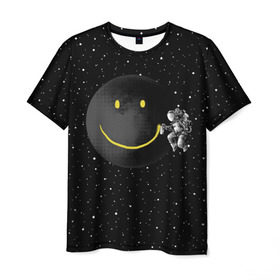 Мужская футболка 3D с принтом Лунная улыбка в Курске, 100% полиэфир | прямой крой, круглый вырез горловины, длина до линии бедер | astronaut | cosmonaut | cosmos | galaxy | meteor | moon | planet | smile | space | universe | астронавт | вселенная | галактика | звезды | космонавт | космос | луна | смайл | улыбка