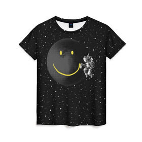 Женская футболка 3D с принтом Лунная улыбка в Курске, 100% полиэфир ( синтетическое хлопкоподобное полотно) | прямой крой, круглый вырез горловины, длина до линии бедер | astronaut | cosmonaut | cosmos | galaxy | meteor | moon | planet | smile | space | universe | астронавт | вселенная | галактика | звезды | космонавт | космос | луна | смайл | улыбка