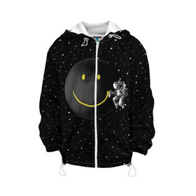 Детская куртка 3D с принтом Лунная улыбка в Курске, 100% полиэстер | застежка — молния, подол и капюшон оформлены резинкой с фиксаторами, по бокам — два кармана без застежек, один потайной карман на груди, плотность верхнего слоя — 90 г/м2; плотность флисового подклада — 260 г/м2 | astronaut | cosmonaut | cosmos | galaxy | meteor | moon | planet | smile | space | universe | астронавт | вселенная | галактика | звезды | космонавт | космос | луна | смайл | улыбка