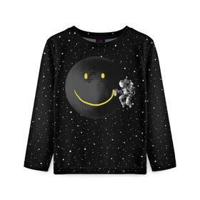 Детский лонгслив 3D с принтом Лунная улыбка в Курске, 100% полиэстер | длинные рукава, круглый вырез горловины, полуприлегающий силуэт
 | astronaut | cosmonaut | cosmos | galaxy | meteor | moon | planet | smile | space | universe | астронавт | вселенная | галактика | звезды | космонавт | космос | луна | смайл | улыбка