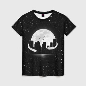 Женская футболка 3D с принтом Лунные объятия в Курске, 100% полиэфир ( синтетическое хлопкоподобное полотно) | прямой крой, круглый вырез горловины, длина до линии бедер | astronaut | city | cosmonaut | cosmos | galaxy | moon | planet | smile | space | universe | астронавт | вселенная | галактика | город | звезды | космонавт | космос | луна | смайл | улыбка