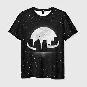 Мужская футболка 3D с принтом Лунные объятия в Курске, 100% полиэфир | прямой крой, круглый вырез горловины, длина до линии бедер | astronaut | city | cosmonaut | cosmos | galaxy | moon | planet | smile | space | universe | астронавт | вселенная | галактика | город | звезды | космонавт | космос | луна | смайл | улыбка