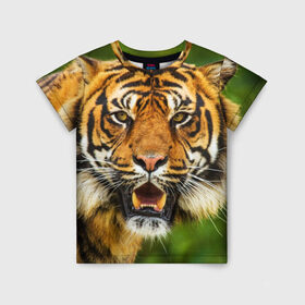 Детская футболка 3D с принтом Тигр в Курске, 100% гипоаллергенный полиэфир | прямой крой, круглый вырез горловины, длина до линии бедер, чуть спущенное плечо, ткань немного тянется | дикая кошка | животное | клыки | лев | тигр. tiger | хищник