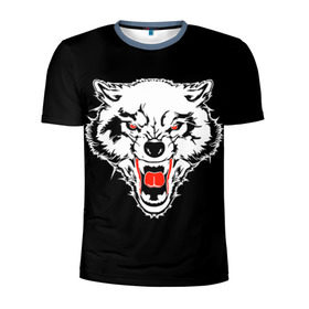 Мужская футболка 3D спортивная с принтом Волк в Курске, 100% полиэстер с улучшенными характеристиками | приталенный силуэт, круглая горловина, широкие плечи, сужается к линии бедра | animal | background | black | eyes | fangs | head | predator | red | teeth | white | wolf | белый | волк | глаза | голова | животное | зверь | клыки | красные | оскал | фон | хищник | черный