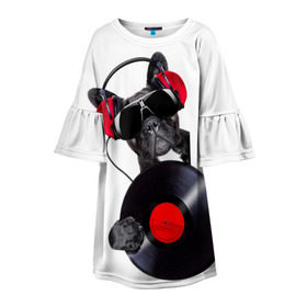 Детское платье 3D с принтом DJ бульдог в Курске, 100% полиэстер | прямой силуэт, чуть расширенный к низу. Круглая горловина, на рукавах — воланы | бульдог | винил | диджей | музыка | наушники | очки | пёс | пластинка | собака | юмор