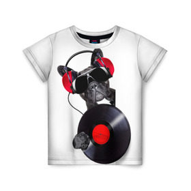Детская футболка 3D с принтом DJ бульдог в Курске, 100% гипоаллергенный полиэфир | прямой крой, круглый вырез горловины, длина до линии бедер, чуть спущенное плечо, ткань немного тянется | бульдог | винил | диджей | музыка | наушники | очки | пёс | пластинка | собака | юмор
