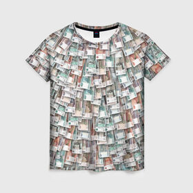 Женская футболка 3D с принтом Российские деньги в Курске, 100% полиэфир ( синтетическое хлопкоподобное полотно) | прямой крой, круглый вырез горловины, длина до линии бедер | бабки | бабло | банк | банкнота | богатство | бумажный | купюры | куча | рубль
