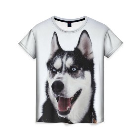 Женская футболка 3D с принтом Сибирский хаски в Курске, 100% полиэфир ( синтетическое хлопкоподобное полотно) | прямой крой, круглый вырез горловины, длина до линии бедер | взгляд | голубые глаза | зима | сибирь | снег | собака | хаски | хаски бандит | холод