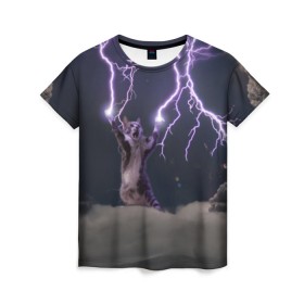 Женская футболка 3D с принтом Грозовой кошак в Курске, 100% полиэфир ( синтетическое хлопкоподобное полотно) | прямой крой, круглый вырез горловины, длина до линии бедер | lightning cat