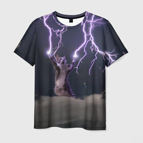 Мужская футболка 3D с принтом Грозовой кошак в Курске, 100% полиэфир | прямой крой, круглый вырез горловины, длина до линии бедер | lightning cat