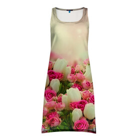 Платье-майка 3D с принтом Цветы в Курске, 100% полиэстер | полуприлегающий силуэт, широкие бретели, круглый вырез горловины, удлиненный подол сзади. | розовый | розы | цветы | яркий