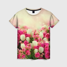 Женская футболка 3D с принтом Цветы в Курске, 100% полиэфир ( синтетическое хлопкоподобное полотно) | прямой крой, круглый вырез горловины, длина до линии бедер | розовый | розы | цветы | яркий