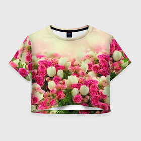 Женская футболка 3D укороченная с принтом Цветы в Курске, 100% полиэстер | круглая горловина, длина футболки до линии талии, рукава с отворотами | Тематика изображения на принте: розовый | розы | цветы | яркий