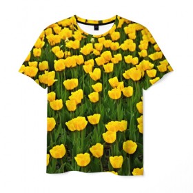 Мужская футболка 3D с принтом Жёлтые тюльпаны в Курске, 100% полиэфир | прямой крой, круглый вырез горловины, длина до линии бедер | поле | цветы | яркий