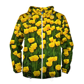 Мужская ветровка 3D с принтом Жёлтые тюльпаны в Курске, 100% полиэстер | подол и капюшон оформлены резинкой с фиксаторами, два кармана без застежек по бокам, один потайной карман на груди | поле | цветы | яркий