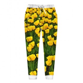 Женские брюки 3D с принтом Жёлтые тюльпаны в Курске, полиэстер 100% | прямой крой, два кармана без застежек по бокам, с мягкой трикотажной резинкой на поясе и по низу штанин. В поясе для дополнительного комфорта — широкие завязки | поле | цветы | яркий