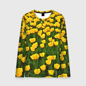 Мужской лонгслив 3D с принтом Жёлтые тюльпаны в Курске, 100% полиэстер | длинные рукава, круглый вырез горловины, полуприлегающий силуэт | поле | цветы | яркий