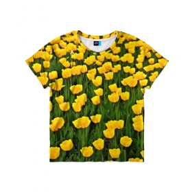 Детская футболка 3D с принтом Жёлтые тюльпаны в Курске, 100% гипоаллергенный полиэфир | прямой крой, круглый вырез горловины, длина до линии бедер, чуть спущенное плечо, ткань немного тянется | поле | цветы | яркий