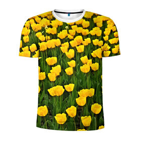 Мужская футболка 3D спортивная с принтом Жёлтые тюльпаны в Курске, 100% полиэстер с улучшенными характеристиками | приталенный силуэт, круглая горловина, широкие плечи, сужается к линии бедра | Тематика изображения на принте: поле | цветы | яркий