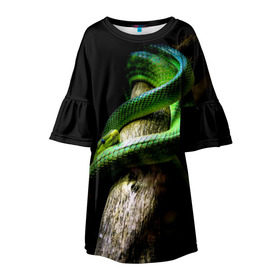 Детское платье 3D с принтом Змея на груди в Курске, 100% полиэстер | прямой силуэт, чуть расширенный к низу. Круглая горловина, на рукавах — воланы | Тематика изображения на принте: гадюка | дерево | джунгли | зелёный змей | змея | кобра | природа | удав