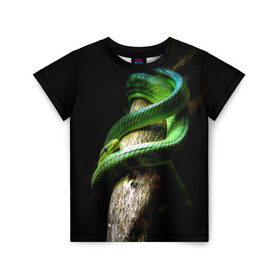 Детская футболка 3D с принтом Змея на груди в Курске, 100% гипоаллергенный полиэфир | прямой крой, круглый вырез горловины, длина до линии бедер, чуть спущенное плечо, ткань немного тянется | гадюка | дерево | джунгли | зелёный змей | змея | кобра | природа | удав