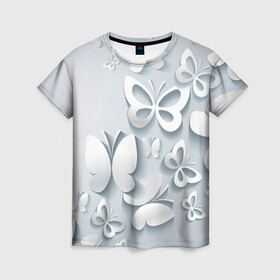 Женская футболка 3D с принтом Белоснежные бабочки в Курске, 100% полиэфир ( синтетическое хлопкоподобное полотно) | прямой крой, круглый вырез горловины, длина до линии бедер | бабочка | девушка | кружево. красота | нежность | полёт