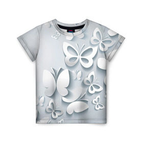 Детская футболка 3D с принтом Белоснежные бабочки в Курске, 100% гипоаллергенный полиэфир | прямой крой, круглый вырез горловины, длина до линии бедер, чуть спущенное плечо, ткань немного тянется | бабочка | девушка | кружево. красота | нежность | полёт