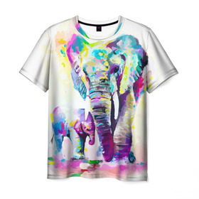 Мужская футболка 3D с принтом Слоны в Курске, 100% полиэфир | прямой крой, круглый вырез горловины, длина до линии бедер | Тематика изображения на принте: animal | art | bright | child | color | elephants | family | mother | rainbow | spectrum | животные | искусство | мама | радуга | ребенок | семья | слоны | спектр | цвета | яркие