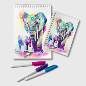 Блокнот с принтом Слоны в Курске, 100% бумага | 48 листов, плотность листов — 60 г/м2, плотность картонной обложки — 250 г/м2. Листы скреплены удобной пружинной спиралью. Цвет линий — светло-серый
 | animal | art | bright | child | color | elephants | family | mother | rainbow | spectrum | животные | искусство | мама | радуга | ребенок | семья | слоны | спектр | цвета | яркие