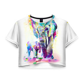 Женская футболка 3D укороченная с принтом Слоны в Курске, 100% полиэстер | круглая горловина, длина футболки до линии талии, рукава с отворотами | animal | art | bright | child | color | elephants | family | mother | rainbow | spectrum | животные | искусство | мама | радуга | ребенок | семья | слоны | спектр | цвета | яркие