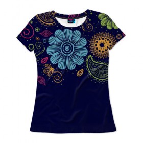 Женская футболка 3D с принтом Яркие чувства в Курске, 100% полиэфир ( синтетическое хлопкоподобное полотно) | прямой крой, круглый вырез горловины, длина до линии бедер | нежный | орнамент | узор | цветочный