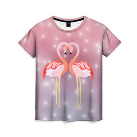 Женская футболка 3D с принтом Влюбленные фламинго в Курске, 100% полиэфир ( синтетическое хлопкоподобное полотно) | прямой крой, круглый вырез горловины, длина до линии бедер | 14 февраля | день всех влюбленных | любовь | птицы | фламинго