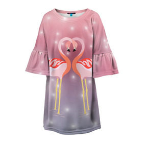 Детское платье 3D с принтом Влюбленные фламинго в Курске, 100% полиэстер | прямой силуэт, чуть расширенный к низу. Круглая горловина, на рукавах — воланы | Тематика изображения на принте: 14 февраля | день всех влюбленных | любовь | птицы | фламинго
