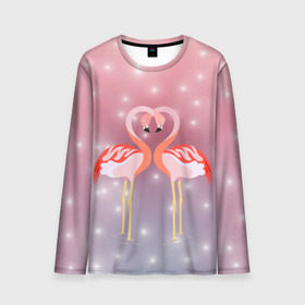 Мужской лонгслив 3D с принтом Влюбленные фламинго в Курске, 100% полиэстер | длинные рукава, круглый вырез горловины, полуприлегающий силуэт | 14 февраля | день всех влюбленных | любовь | птицы | фламинго
