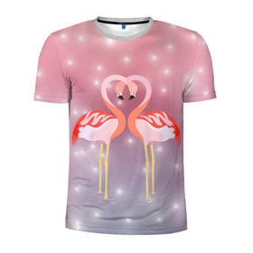 Мужская футболка 3D спортивная с принтом Влюбленные фламинго в Курске, 100% полиэстер с улучшенными характеристиками | приталенный силуэт, круглая горловина, широкие плечи, сужается к линии бедра | Тематика изображения на принте: 14 февраля | день всех влюбленных | любовь | птицы | фламинго