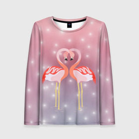 Женский лонгслив 3D с принтом Влюбленные фламинго в Курске, 100% полиэстер | длинные рукава, круглый вырез горловины, полуприлегающий силуэт | 14 февраля | день всех влюбленных | любовь | птицы | фламинго
