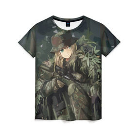 Женская футболка 3D с принтом Девушка с оружием в Курске, 100% полиэфир ( синтетическое хлопкоподобное полотно) | прямой крой, круглый вырез горловины, длина до линии бедер | anime | eyes | forest camouflage | girl | green | guns | japanese | rifle | sniper | аниме | винтовка | глаза | девушка | зеленые | камуфляж | лес | оружие | снайпер | японская