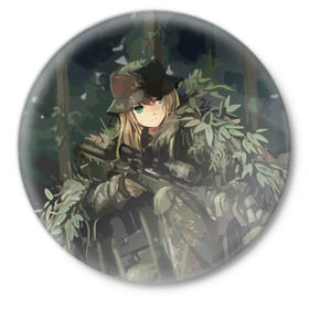 Значок с принтом Девушка с оружием в Курске,  металл | круглая форма, металлическая застежка в виде булавки | anime | eyes | forest camouflage | girl | green | guns | japanese | rifle | sniper | аниме | винтовка | глаза | девушка | зеленые | камуфляж | лес | оружие | снайпер | японская