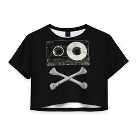 Женская футболка 3D укороченная с принтом Pirate Music в Курске, 100% полиэстер | круглая горловина, длина футболки до линии талии, рукава с отворотами | 80s | 90s | bone | dance | disco | music | pirate | retro | skelet | skull | tape | диско | кассета | кости | музыка | пират | ретро | скелет | череп