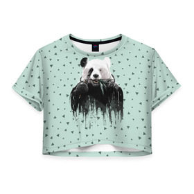 Женская футболка 3D укороченная с принтом Панда-художник в Курске, 100% полиэстер | круглая горловина, длина футболки до линии талии, рукава с отворотами | animal | art | artist | bear | beast | design | panda | style | арт | дизайн | животное | зверь | кисть | краски | медведь | панда | стиль | художник