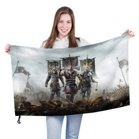 Флаг 3D с принтом For Honor в Курске, 100% полиэстер | плотность ткани — 95 г/м2, размер — 67 х 109 см. Принт наносится с одной стороны | for honor | боевые топоры | воители | доспехи | мечи | трое 3 | шлем