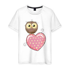 Мужская футболка хлопок с принтом Совёнок на сердце в Курске, 100% хлопок | прямой крой, круглый вырез горловины, длина до линии бедер, слегка спущенное плечо. | птицы