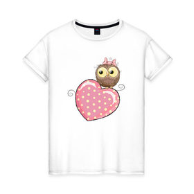 Женская футболка хлопок с принтом Совушка на сердце в Курске, 100% хлопок | прямой крой, круглый вырез горловины, длина до линии бедер, слегка спущенное плечо | птицы