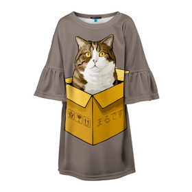 Детское платье 3D с принтом Maru в Курске, 100% полиэстер | прямой силуэт, чуть расширенный к низу. Круглая горловина, на рукавах — воланы | Тематика изображения на принте: cat | maru | коробка | кот в коробке | кот мару | котейка | кошка | мару | прикол