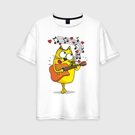 Женская футболка хлопок Oversize с принтом Кот с гитарой в Курске, 100% хлопок | свободный крой, круглый ворот, спущенный рукав, длина до линии бедер
 | cat | kitten | кoтенок | киса | кот | котик | котэ | котяра | кошечка