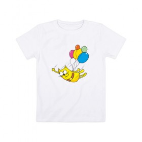 Детская футболка хлопок с принтом Кот на воздушных шарах в Курске, 100% хлопок | круглый вырез горловины, полуприлегающий силуэт, длина до линии бедер | Тематика изображения на принте: 