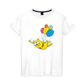 Женская футболка хлопок с принтом Кот на воздушных шарах в Курске, 100% хлопок | прямой крой, круглый вырез горловины, длина до линии бедер, слегка спущенное плечо | 