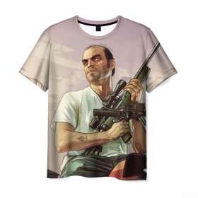 Мужская футболка 3D с принтом GTA 5 в Курске, 100% полиэфир | прямой крой, круглый вырез горловины, длина до линии бедер | gta 5 | автоматы | игры | мужчины | трое 3