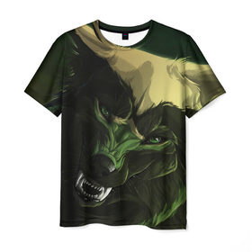 Мужская футболка 3D с принтом Зеленый волк в Курске, 100% полиэфир | прямой крой, круглый вырез горловины, длина до линии бедер | 